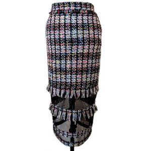 IORANE Tweed & Net Multicolor Black & Brights Midi Bodycon Pencil Skirt, Sz. XS
